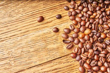 coffee beans Hot drink spilled grains wood background