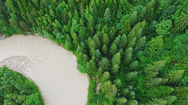 Mountain river after heavy rains. The water in the river is dirty from soil and stones. This situation is the forerunner of flooding in Europe.