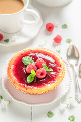 Sweet strawbery cheesecake with fresh fruits. Strawberry cheesecake.