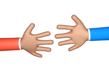 Cartoon hands with red and blue sleeve reaching out to each other. Illustration on white background. 3D rendering.