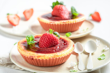 Tasty strawbery cheesecake made of fresh berries. Sweet summer cheesecake.