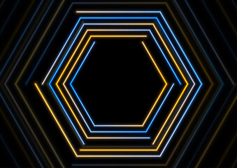 Blue and orange glowing neon hexagonal frame abstract background. Vector design