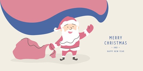 Santa Claus carries a bag of gifts and waves his hand