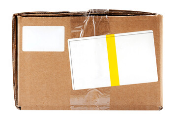 Simple brown carton package, post delivery parcel, box with white blank empty labels, address stickers, paper notes, nobody. Object isolated on white, cut out. Product shipping, mail details concept