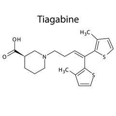 Tiagabine molecular structure, flat skeletal chemical formula. Anti convulsant drug used to treat Epilepsy, seizure. 