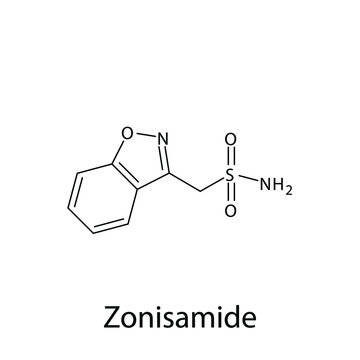 Zonisamide molecular structure, flat skeletal chemical formula. Anti convulsant drug used to treat Epilepsy, seizure. 