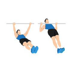 Man doing Inverted rows. reverse pull ups exercise. Flat vector illustration isolated on white background