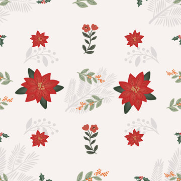 Seamless Greenery Pattern with Red Poinsettia and Holly Berries Vector design