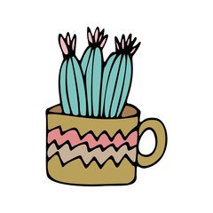 Single cute hand drawn vector cactus pot. Illustration house plant