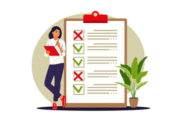 To do list concept. Woman is standing near large to do list. Vector illustration. Flat.