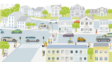 Familien und Menschen auf dem Bürgersteig mit Straßenverkehr Illustration