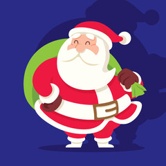 Merry Christmas. Flat design Santa Claus carrying a big brown gift bag. Vector character