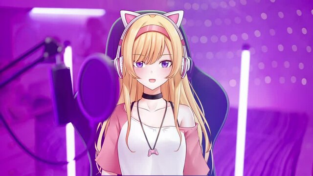 Virtual gamer vtuber anime girl on streaming to fans from girly pink bedroom 4K