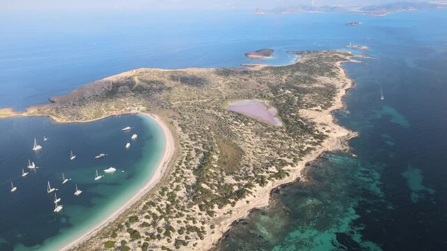 Formentera island beach crystal clear blue sea water drone aerial beautiful tropical
