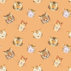 Watercolor seamless pattern from hand painted illustration of tiger heads with smile, whiskers, stripes on fur on orange background. Print with cartoon wild animals for design postcard, fabric textile
