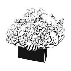Bouquet of flowers sketch illustration. Flowers in a gift box. Wedding Flower Bouquet
