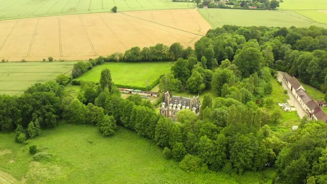 aerial drone shot of French castle