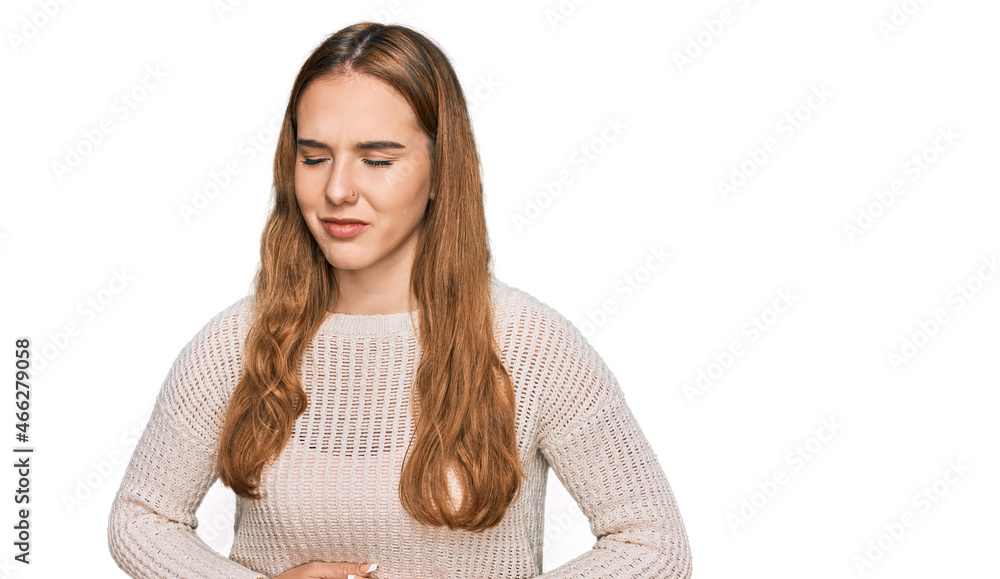 Sticker young blonde woman wearing casual clothes with hand on stomach because indigestion, painful illness 