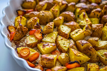 Roasted potatoes in the oven with spices and herbs close-up, food background life style, homemade potatoes recipe authentic, vegan cuisine