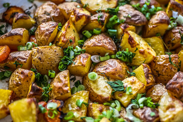 Baked potatoes in the oven with spices and herbs close-up, food background life style, homemade potatoes recipe authentic, vegan cuisine