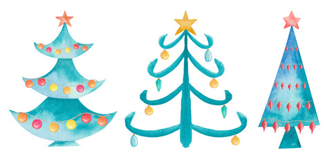 Watercolor illustration hand painted Christmas fir tree, pine, green spruce with red star and garland with balls. Isolated forest clip art for New Year, winter for design postcards, banners, posters