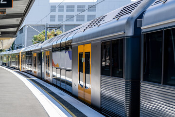 Fototapeta na wymiar Passenger train on the empty station in Sydney, New South Wales, Australia