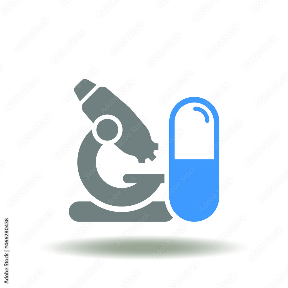 Aufkleber vector illustration of microscope with pill capsule. symbol of test and checkup drugs. icon of count