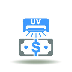 Vector illustration of checking a dollar banknotes with an ultraviolet lamp. Symbol of money counterfeit control and analyze. Icon of money sterilization and disinfection. - obrazy, fototapety, plakaty