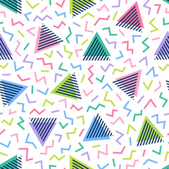 Pastel triangle  seamless pattern with zigzag background in Memphis style.