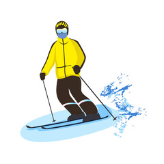 A man in a ski suit is skiing. Winter recreation and sports. Active lifestyle. Extreme sports. Vector illustration isolated on white background.