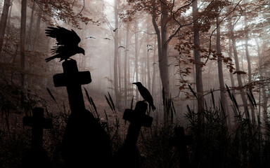 Panoramic cemetery with a raven on a cross