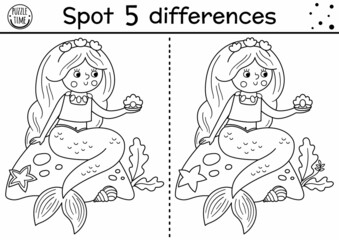 Black and white find differences game for children. Fairytale educational activity with cute mermaid and pearl. Magic kingdom puzzle for kids. Fairy tale printable worksheet or coloring page.