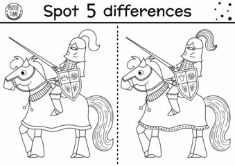 Black and white find differences game for children. Fairytale educational activity with armored knight on a horse. Magic kingdom puzzle for kids. Fairy tale printable worksheet or coloring page.