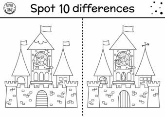 Black and white find differences game for children. Fairytale educational activity with cute princess in a castle tower. Magic kingdom puzzle for kids. Fairy tale printable worksheet or coloring page. - obrazy, fototapety, plakaty