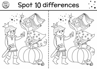 Black and white find differences game for children. Fairytale educational activity with cute prince, shoe, fairy, pumpkin. Magic kingdom puzzle for kids. Fairy tale printable coloring page