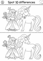 Black and white find differences game for children. Fairytale educational activity with cute princess, rose and unicorn. Magic kingdom puzzle for kids. Fairy tale printable worksheet or coloring page.