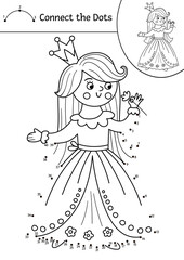 Vector dot-to-dot and color activity with cute princess and flower. Magic kingdom connect the dots game for children with girl. Fairy tale coloring page for kids. Fantasy printable worksheet.