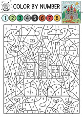Vector Magic kingdom color by number activity with castle. Fairytale counting game with cute fantasy forest landscape and king house. Funny coloring page for kids with palace and dragon. .