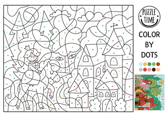 Vector Magic kingdom color by dot activity with princess on a horse. Fairytale counting game with cute forest landscape and house. Funny coloring page for kids with fantasy scene. .