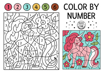 Vector Magic kingdom color by number activity with pink unicorn and flowers. Fairytale counting game with cute horse. Funny coloring page for kids with fantasy creature. .