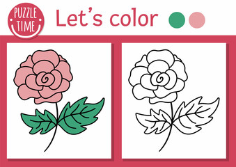 Magic kingdom coloring page for children with rose. Vector fairytale outline illustration with cute pink flower. Color book for kids with colored example. Drawing skills printable worksheet.