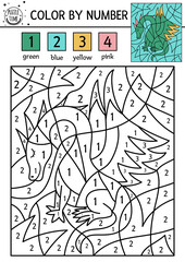 Vector Magic kingdom color by number activity with green dragon. Fairytale counting game with cute dinosaur. Funny coloring page for kids with fantasy creature. .