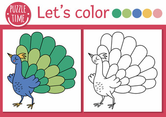 Magic kingdom coloring page for children with peacock. Vector fairytale outline illustration with cute fantasy creature. Color book for kids with colored example. Drawing skills printable worksheet.