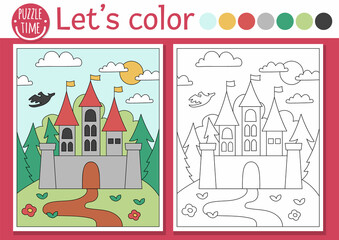 Magic kingdom coloring page for children with castle and forest landscape. Vector fairytale outline illustration. Color book for kids with colored example. Drawing skills printable worksheet.