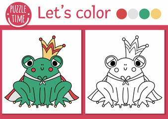 Magic kingdom coloring page for children with frog prince. Vector fairytale outline illustration with cute fantasy creature. Color book for kids with colored example. Drawing skills printable