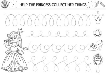 Vector magic kingdom handwriting practice worksheet. Fairytale printable black and white activity for preschool children. Fantasy tracing game for writing skills with cute princess, shoe, mirror - obrazy, fototapety, plakaty