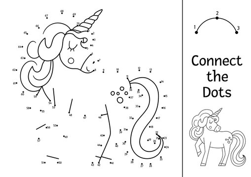Vector dot-to-dot and color activity with cute unicorn. Magic kingdom connect the dots game for children with fantasy creature. Fairy tale coloring page for kids. Printable worksheet.