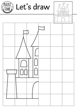 Complete the castle picture. Vector fairytale symmetrical drawing practice worksheet. Printable black and white activity for preschool kids. Copy the picture magic kingdom themed game.