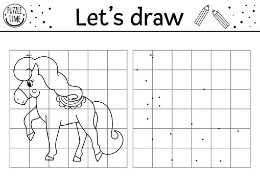 Complete the horse picture. Vector fairytale drawing practice worksheet. Printable black and white activity for preschool kids. Copy the picture magic kingdom themed game.