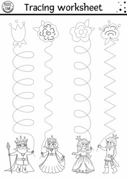 Vector magic kingdom handwriting practice worksheet. Fairytale printable black and white activity. Fantasy tracing game for writing skills with cute princess, prince, king, queen, flowers.